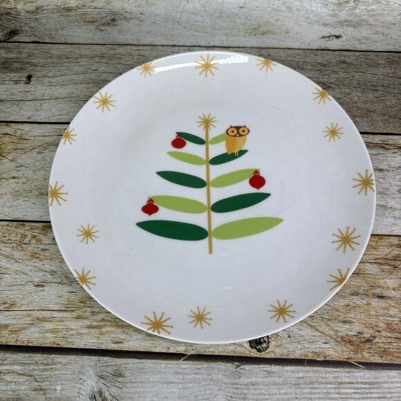 Rachael Ray HOLIDAY HOOT Christmas Tree Owl Stars Porcelain Dinner Plates Set 4 - Picture 4 of 16